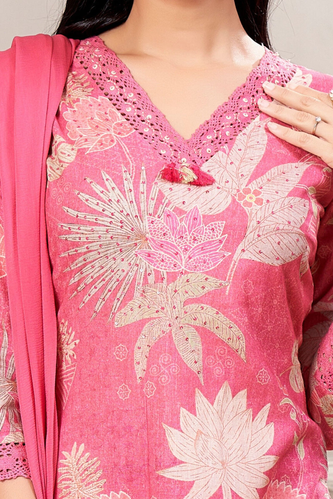 Pink Floral Print and Lace work Straight Cut Salwar Suit