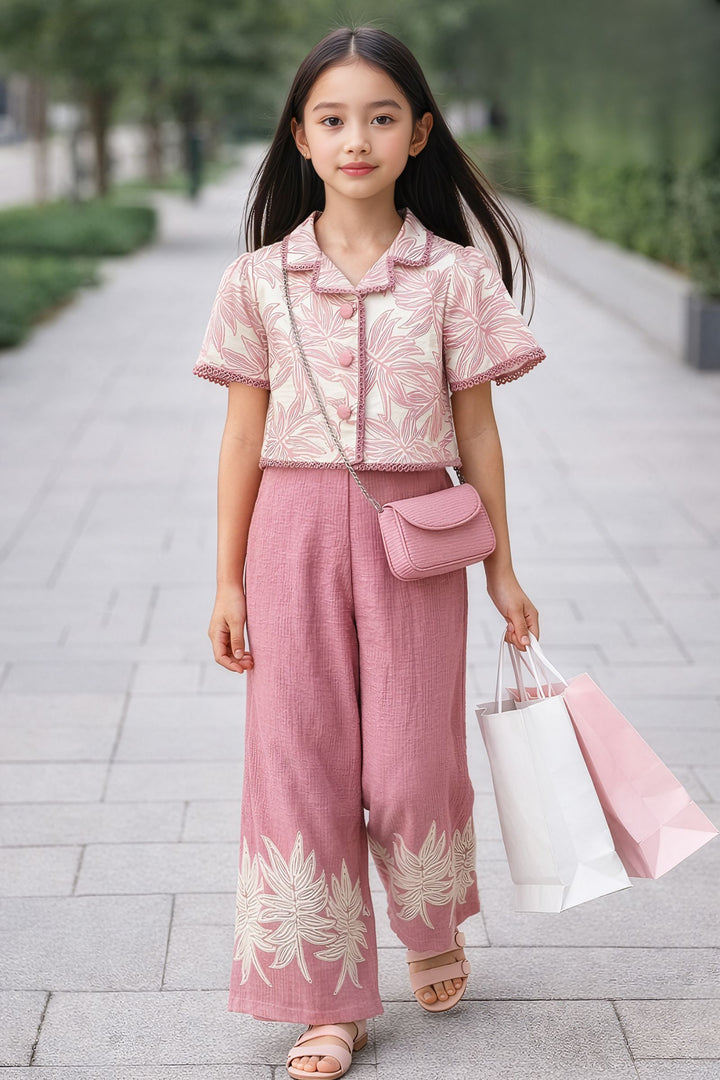 Half White with Onion Pink Top and Palazzo Set for Girls