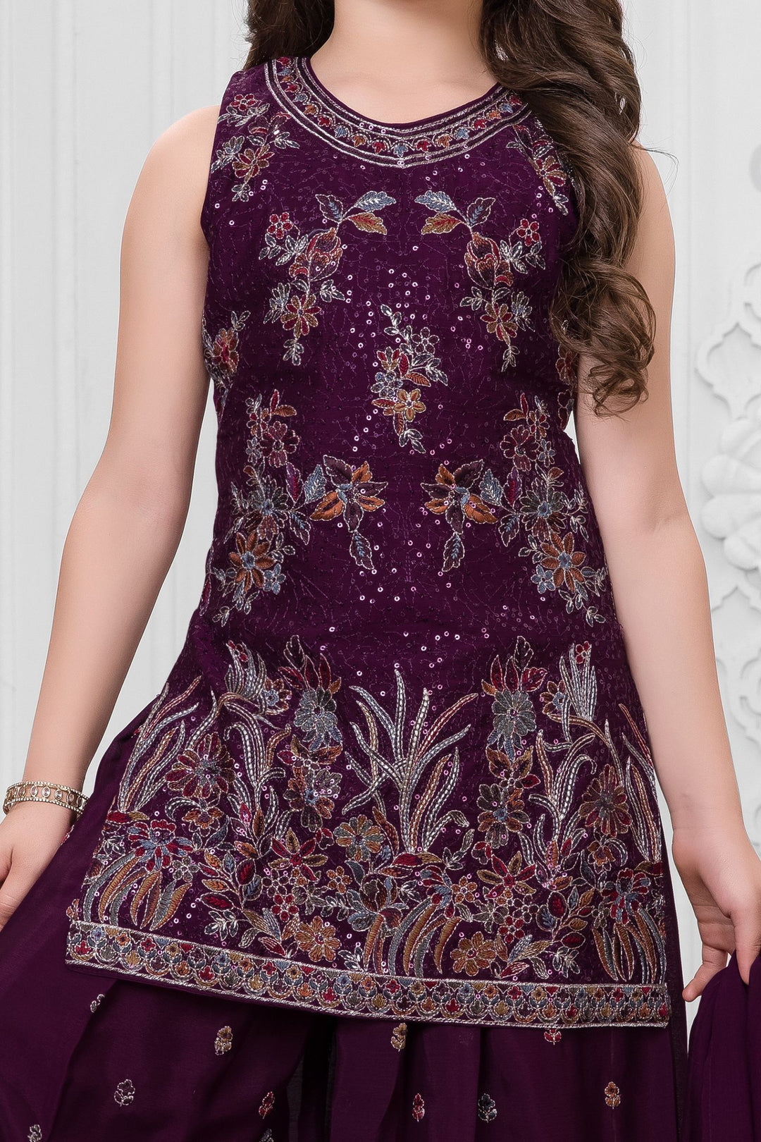 Wine Sequins and Multicolor Thread work Palazzo Suit Set for Girls