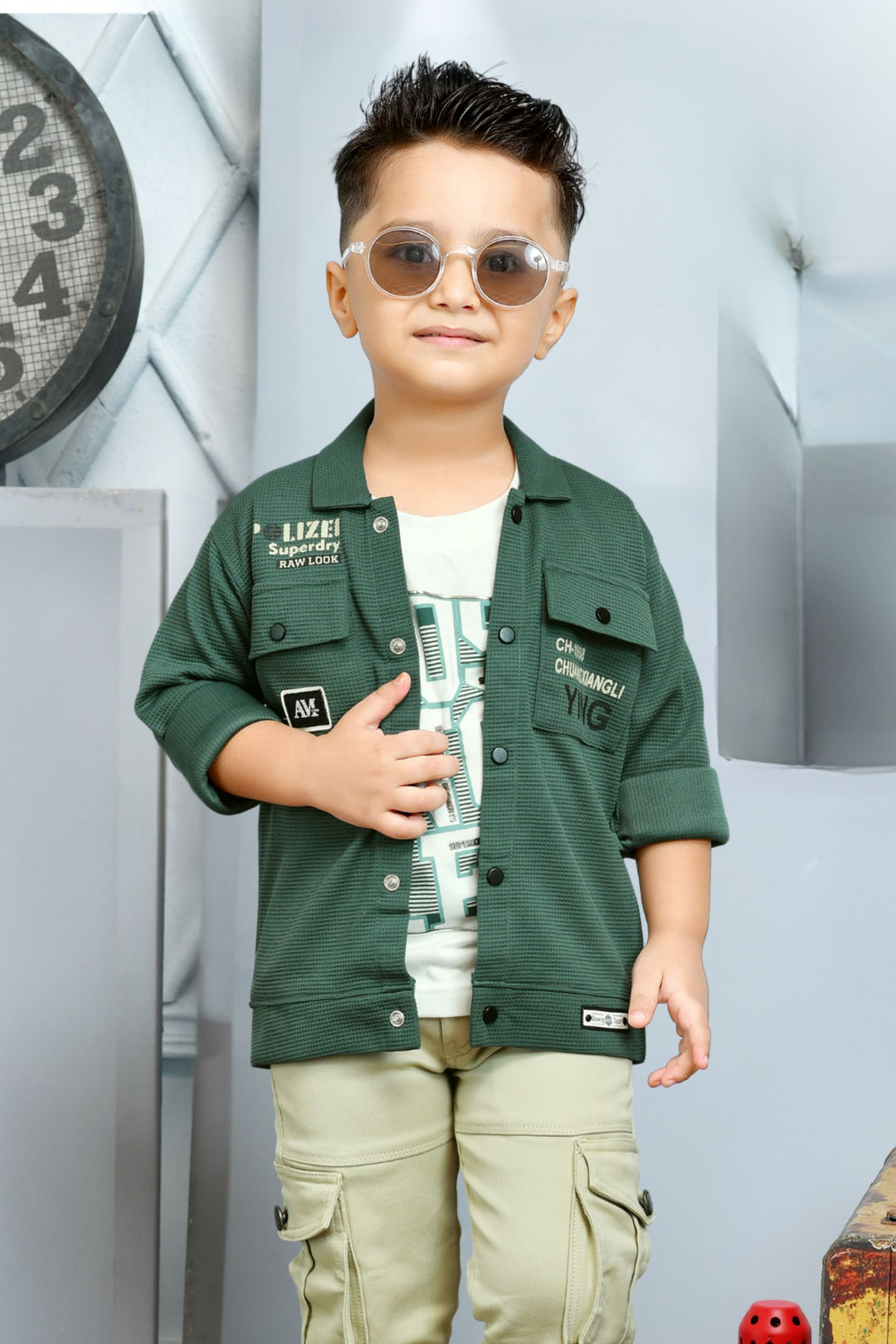 Green and White Printed Blazer, T-Shirt and Light Green Cargo Pant Set for Boys