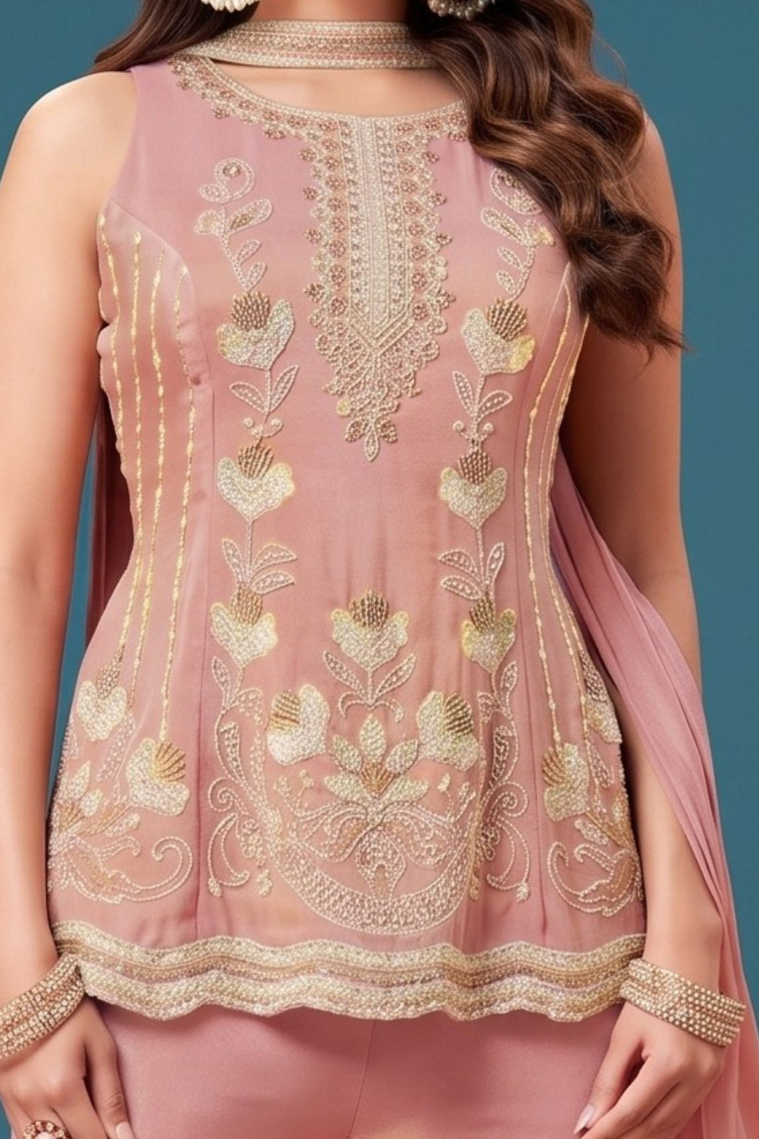Baby Pink Beads and Sequins work Palazzo Salwar Suit