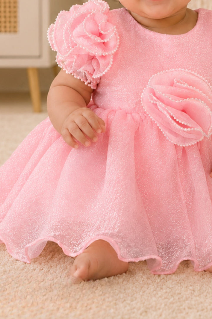 Baby Pink Blushing Ruffle Sleeve Partywear Short Frock for Girls