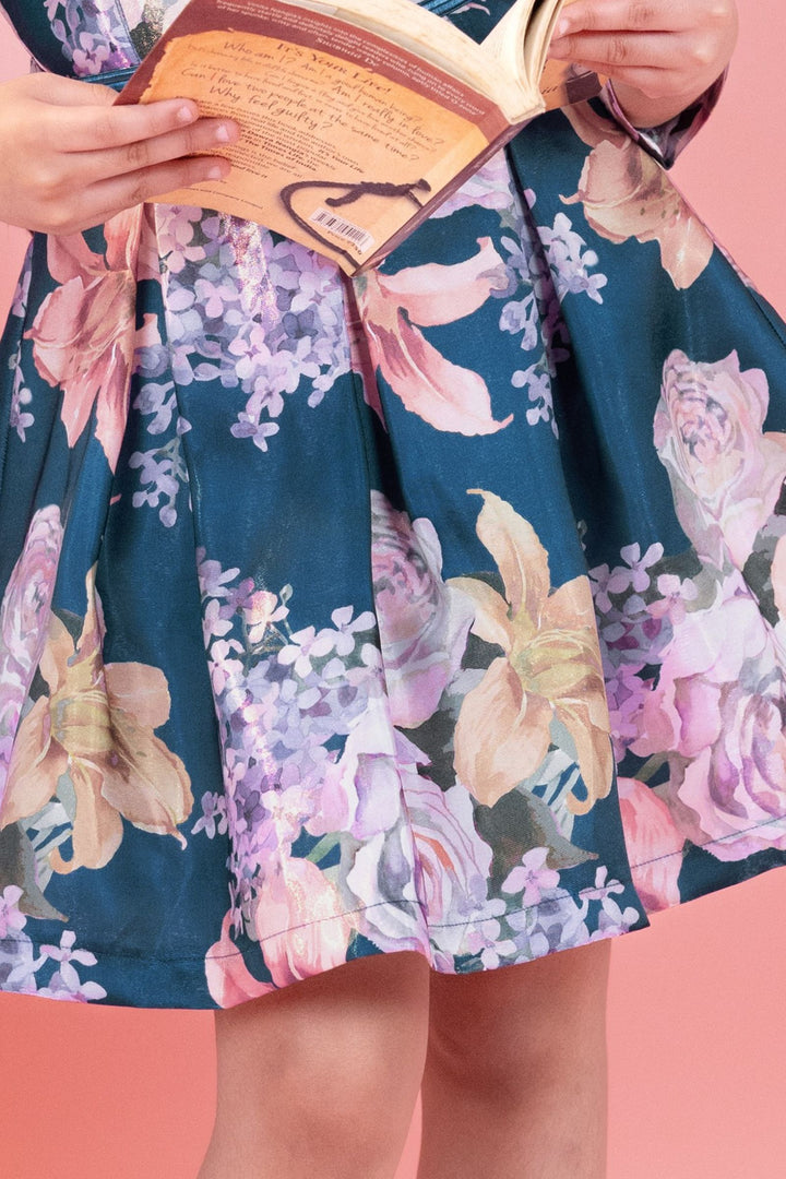 Teal Blue Floral Print Short Casual Frock For Girls