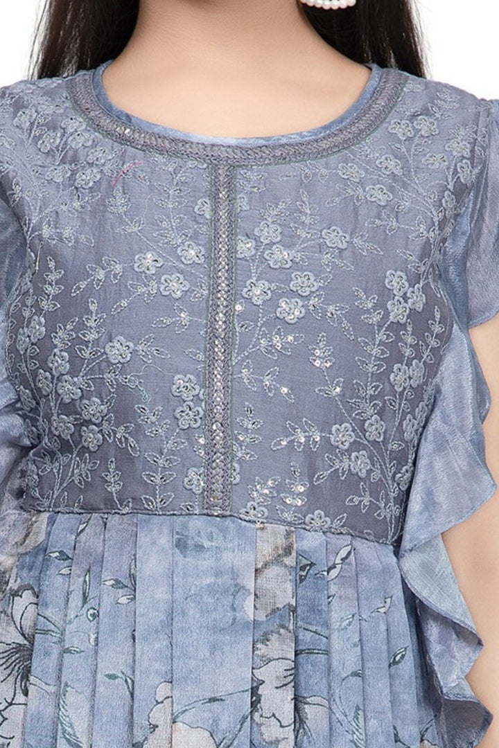 Girls Floral Print Casual Frock with Embroidered Yoke