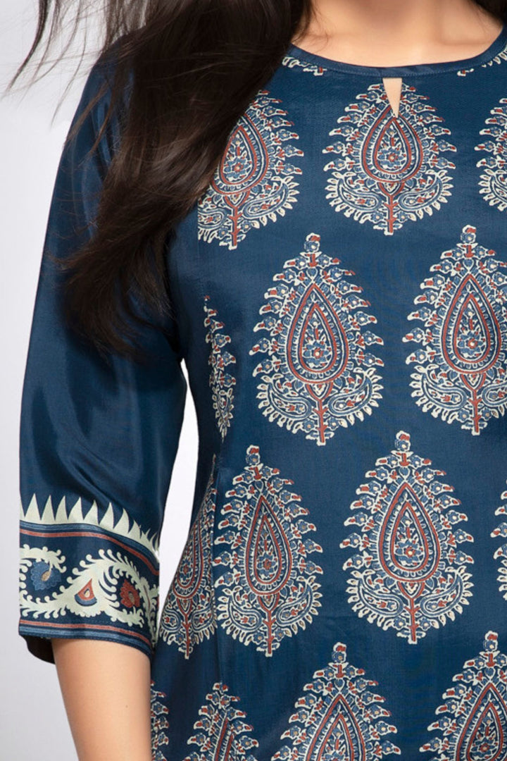 Teal Blue with Digital Print Short Kurti