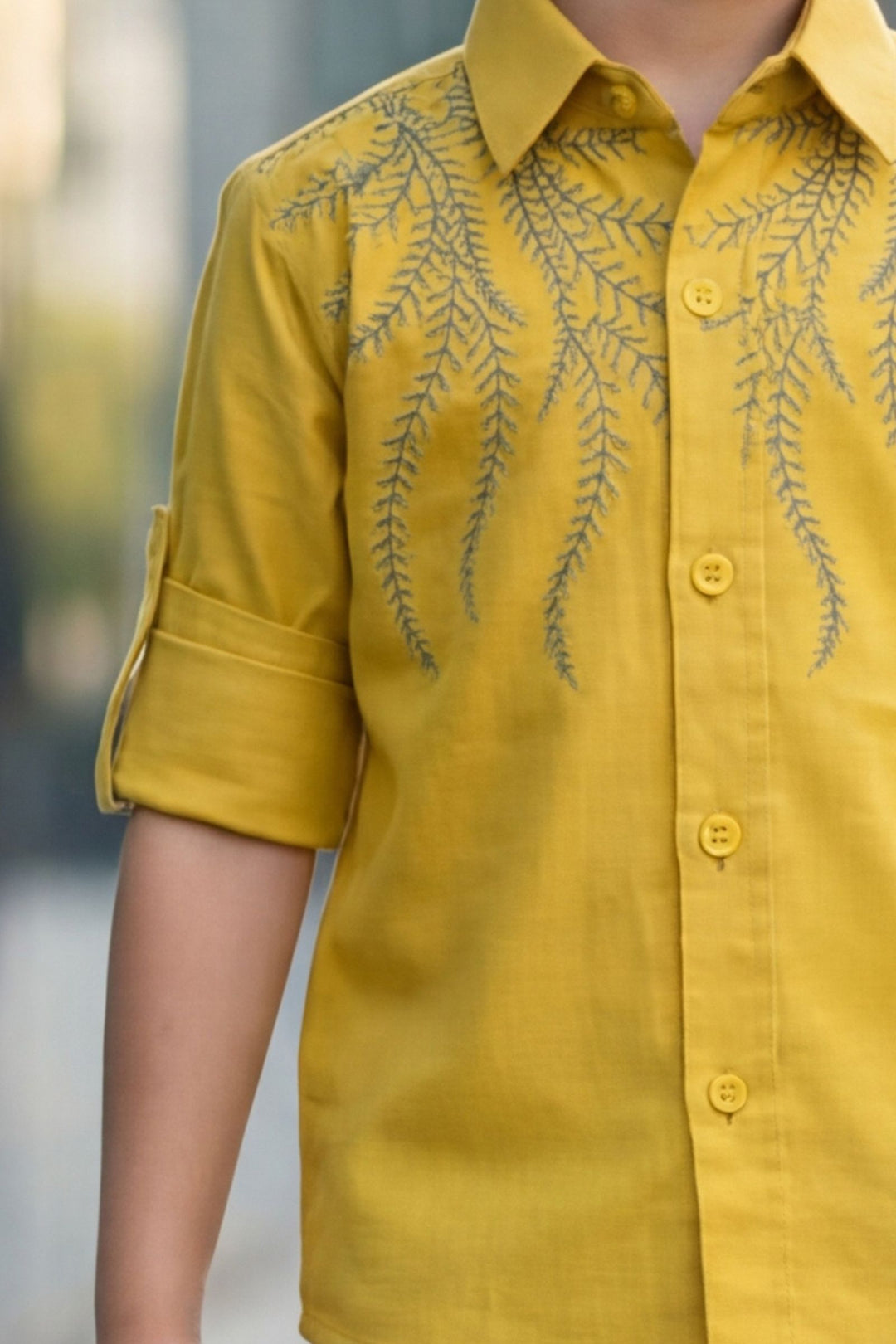Yellow Thread work Shirt and Blue Pant Set for Boys