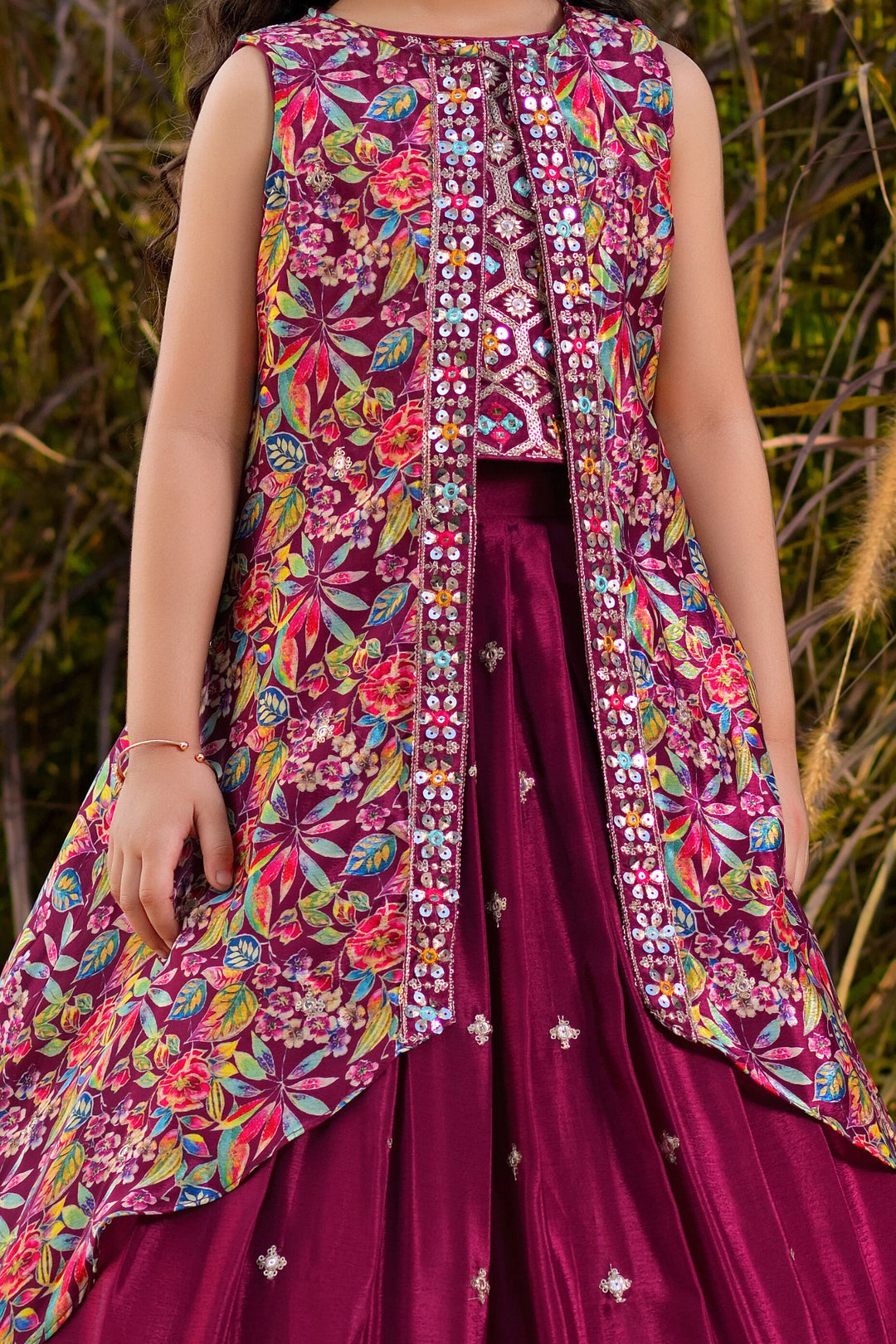 Wine Sequins and Zari work with Floral Print Overcoat Styled Lehenga Choli for Girls