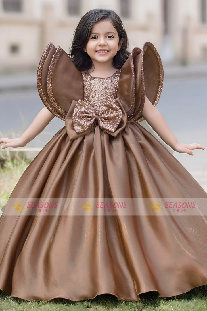 Chocolate Brown Sequins work Long Party Gown for Girls