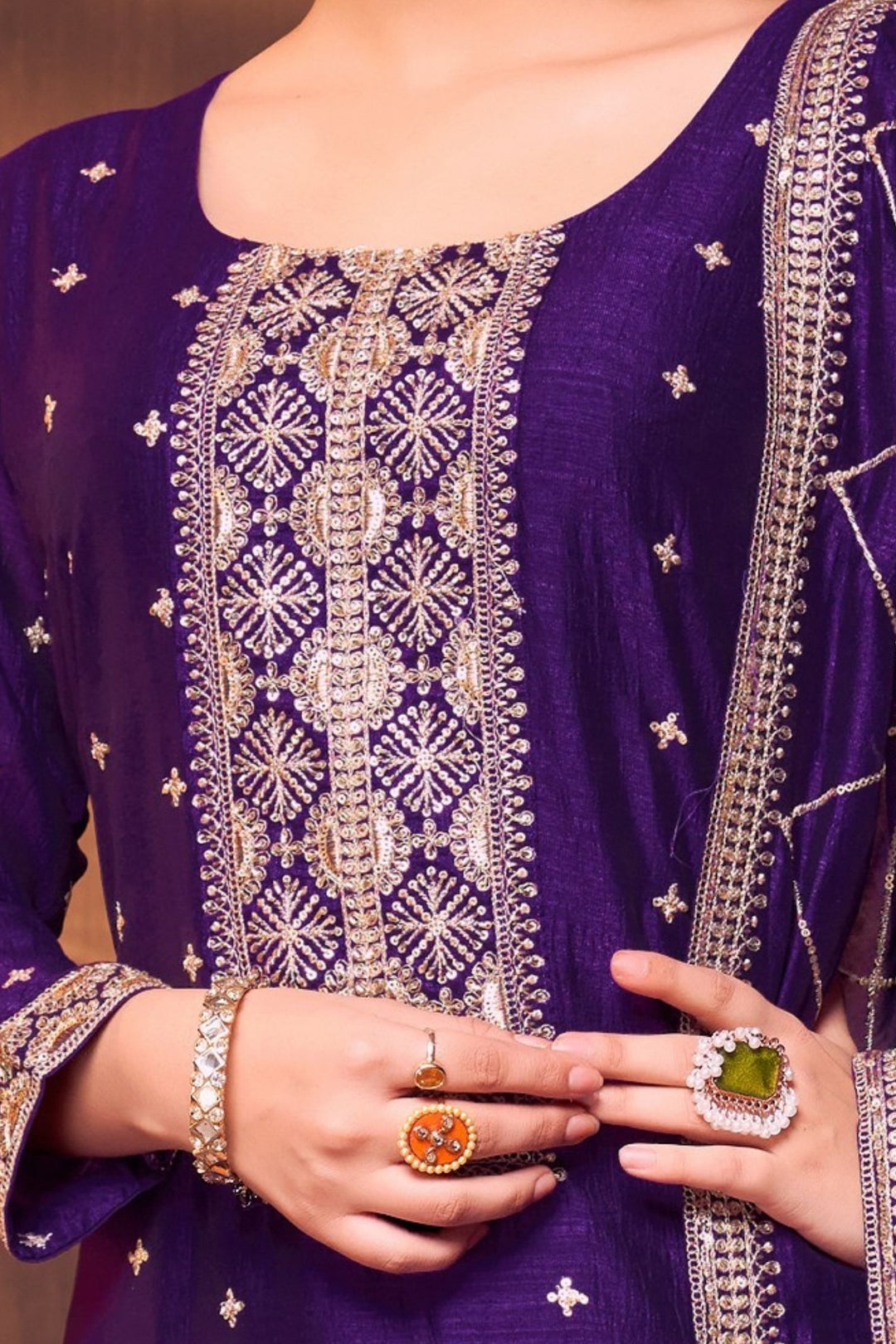 Purple Sequins, Zari and Beads work Straight Cut Salwar Suit