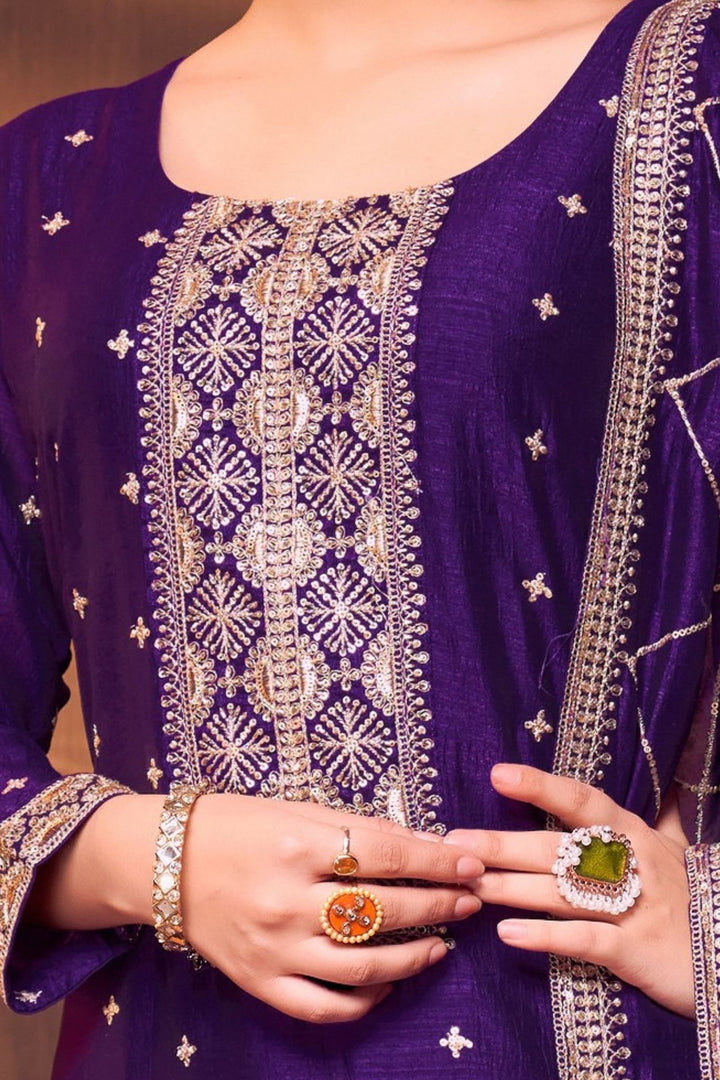 Purple Sequins, Zari and Beads work Straight Cut Salwar Suit