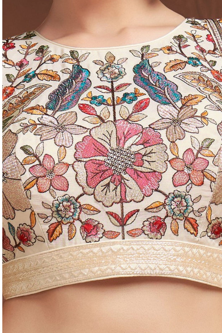 Cream Multicolor Embroidery, Beads and Sequins work Lehenga