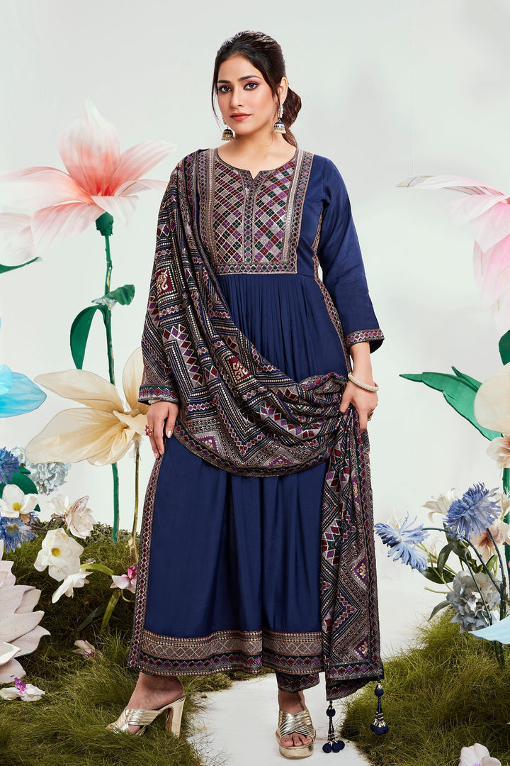 Navy Blue Sequins and Multicolor Thread work Salwar Suit with Straight Pants