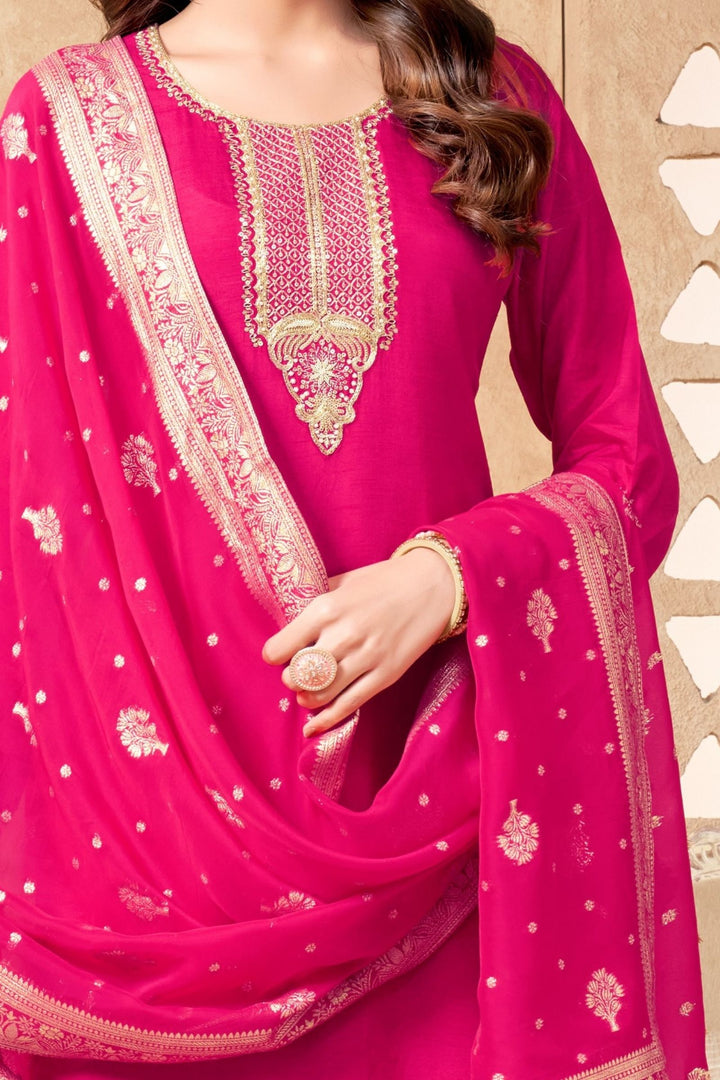 Rani Pink Sequins, Zari, Beads and Zardozi work Straight Cut Salwar Suit