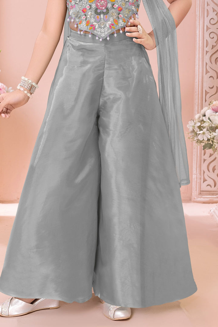 Light Grey Sequins, Beads and Multicolor Embroidery work Palazzo Suit Set for Girls