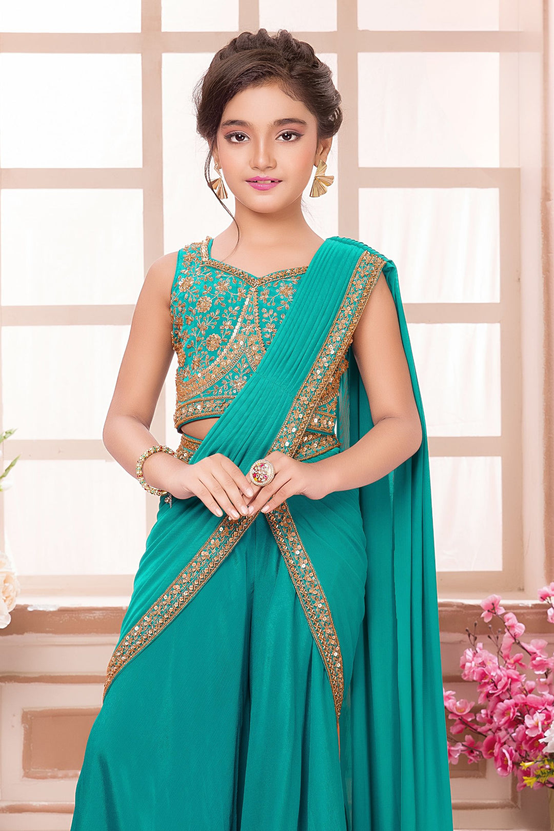 Rama Blue Sequins, Beads and Zari work Indo-Western Styled Crop Top Palazzo Set for Girls