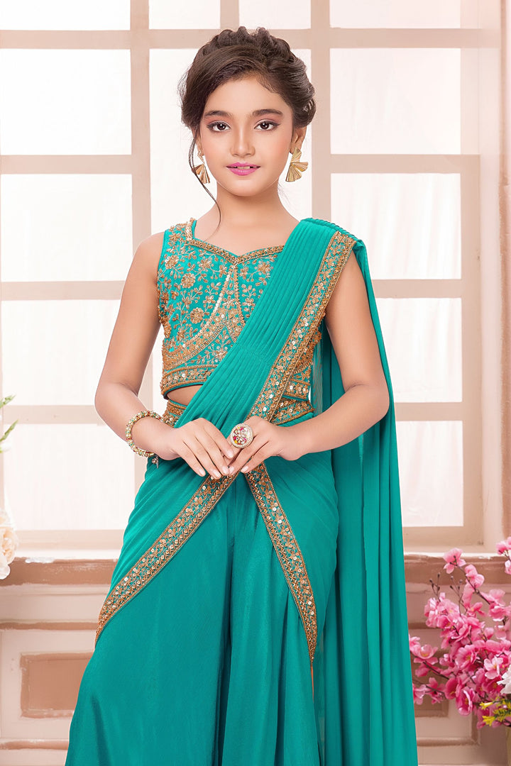 Rama Blue Sequins, Beads and Zari work Indo-Western Styled Crop Top Palazzo Set for Girls