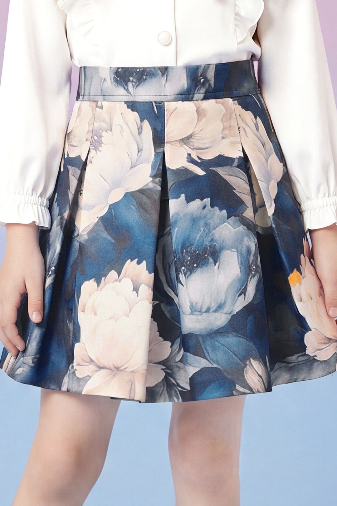White with Blue Floral Print Top and Skirt for Girls