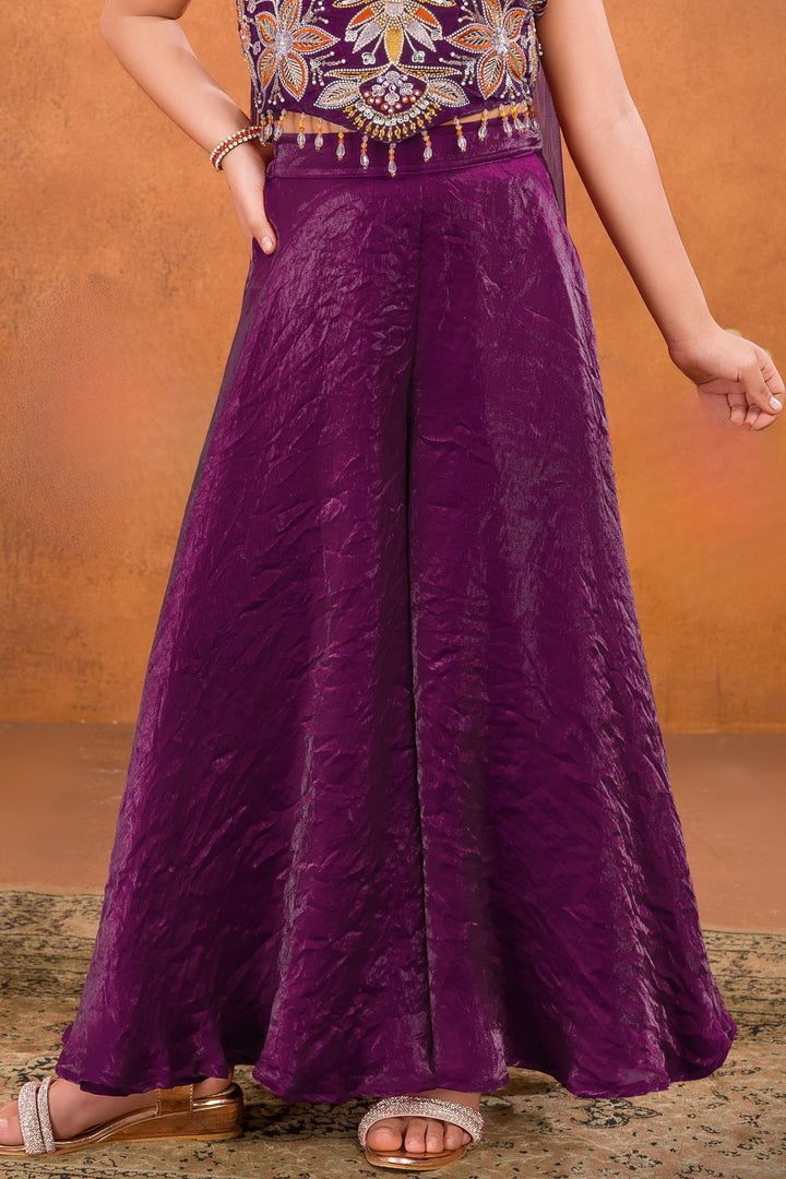 Wine Pearl, Sequins, Beads and Multicolor Embroidery work Palazzo Suit Set for Girls
