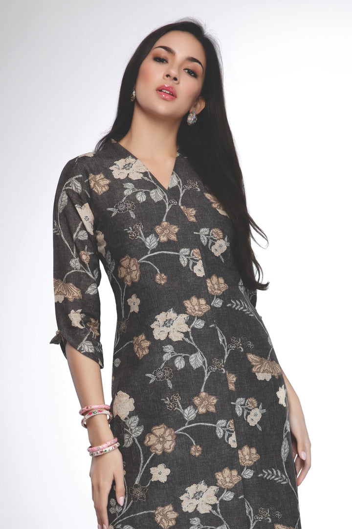 Black with Floral Print and Stone work Calf Length Kurti