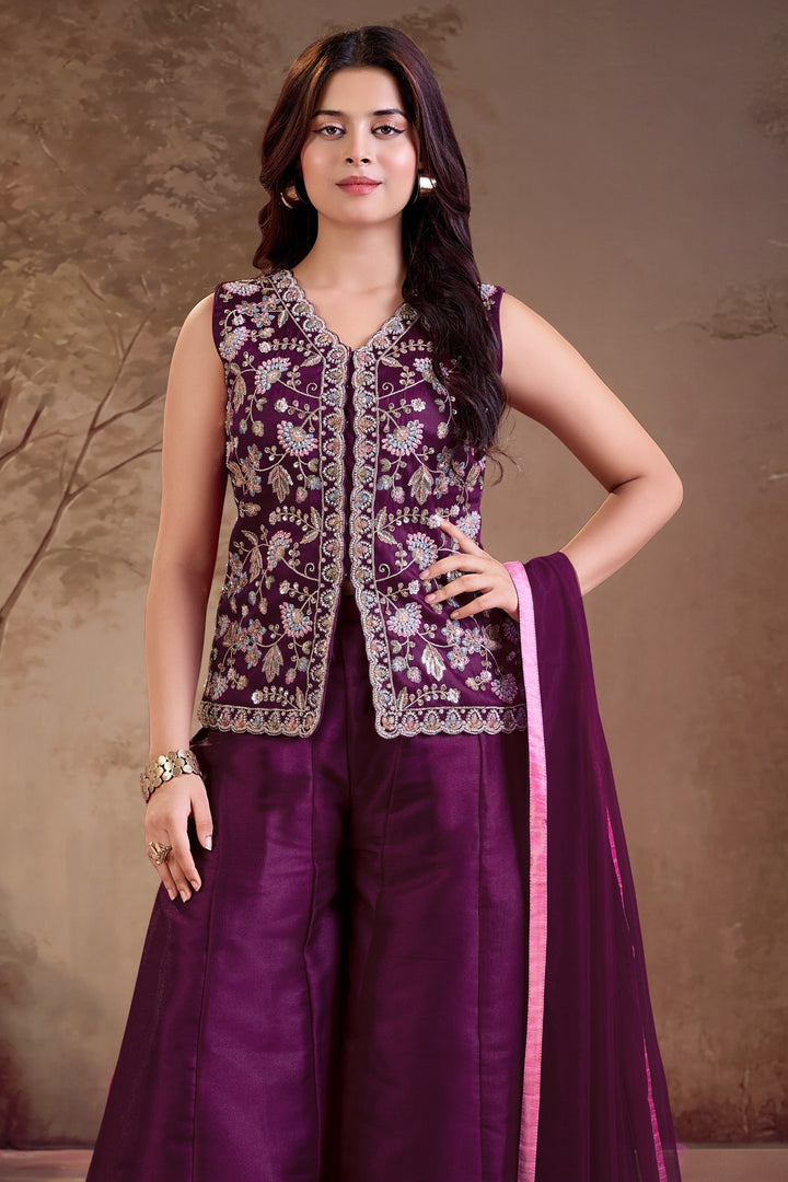 Wine Multicolor Embroidery, Beads and Sequins work Palazzo Suit Set for Girls