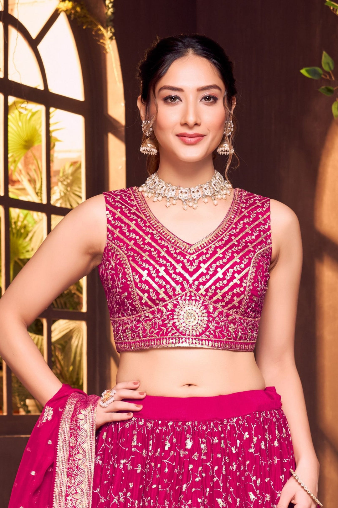 Rani Pink Sequins, Beads, Zari and Stone work Crop Top Lehenga