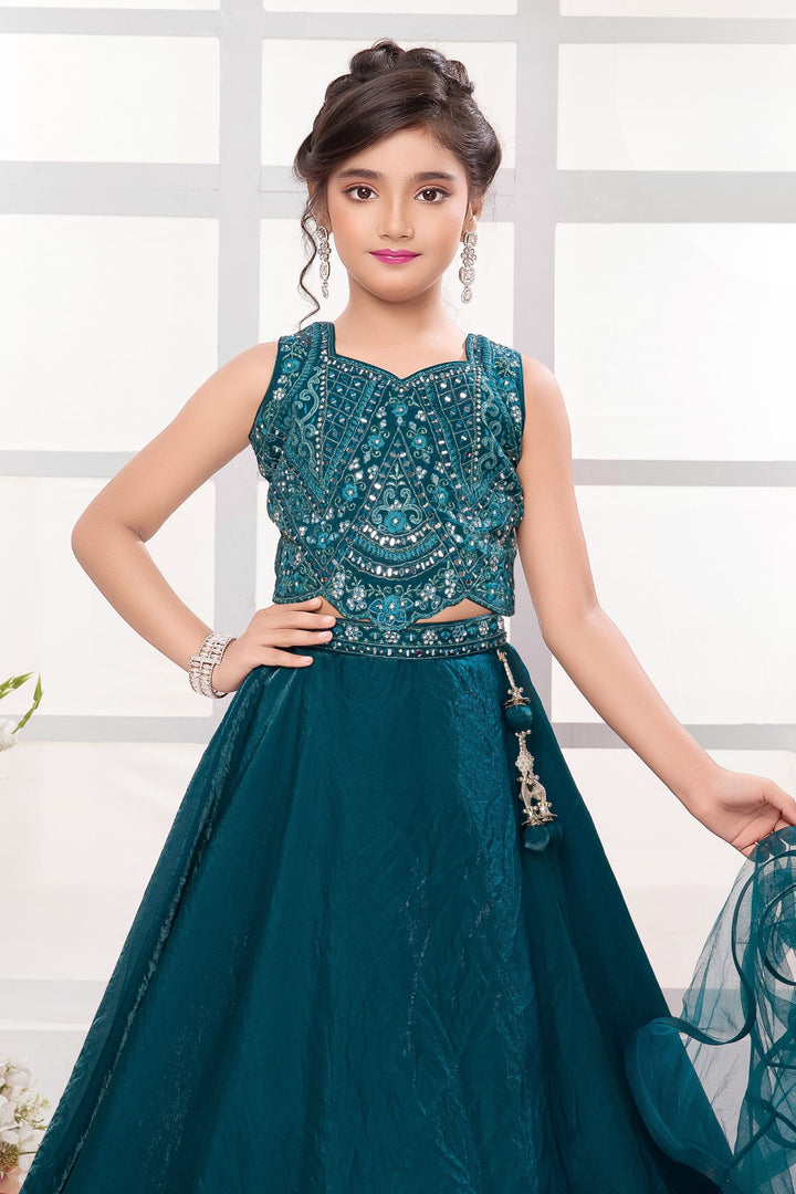 Rama Blue Mirror, Stone, Thread and Zari work Lehenga Choli for Girls