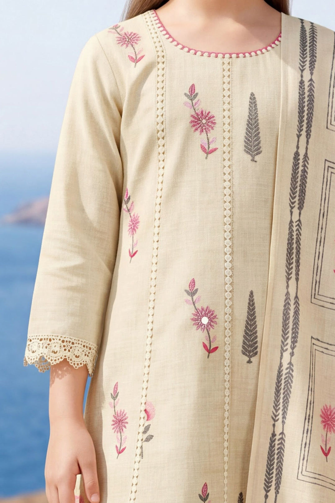 Cream Embroidery and Sequins work Salwar Suit for Girls