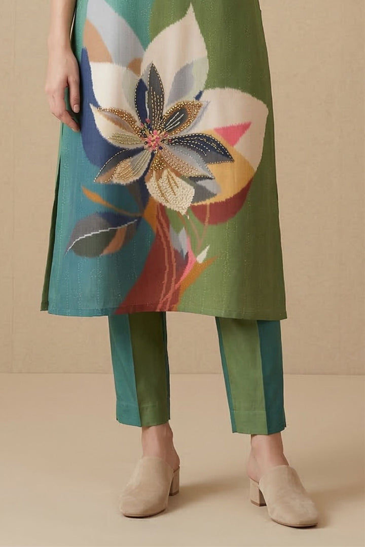 Sea Green Beads work with Multicolor Digital Print Calf Length Kurti