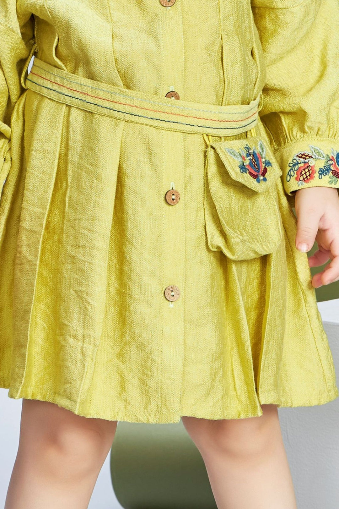 Liril Green Thread work Short Frock for Girls with Belt