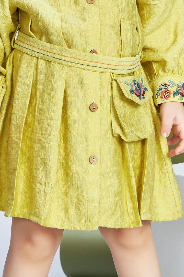 Liril Green Thread work Short Frock for Girls with Belt
