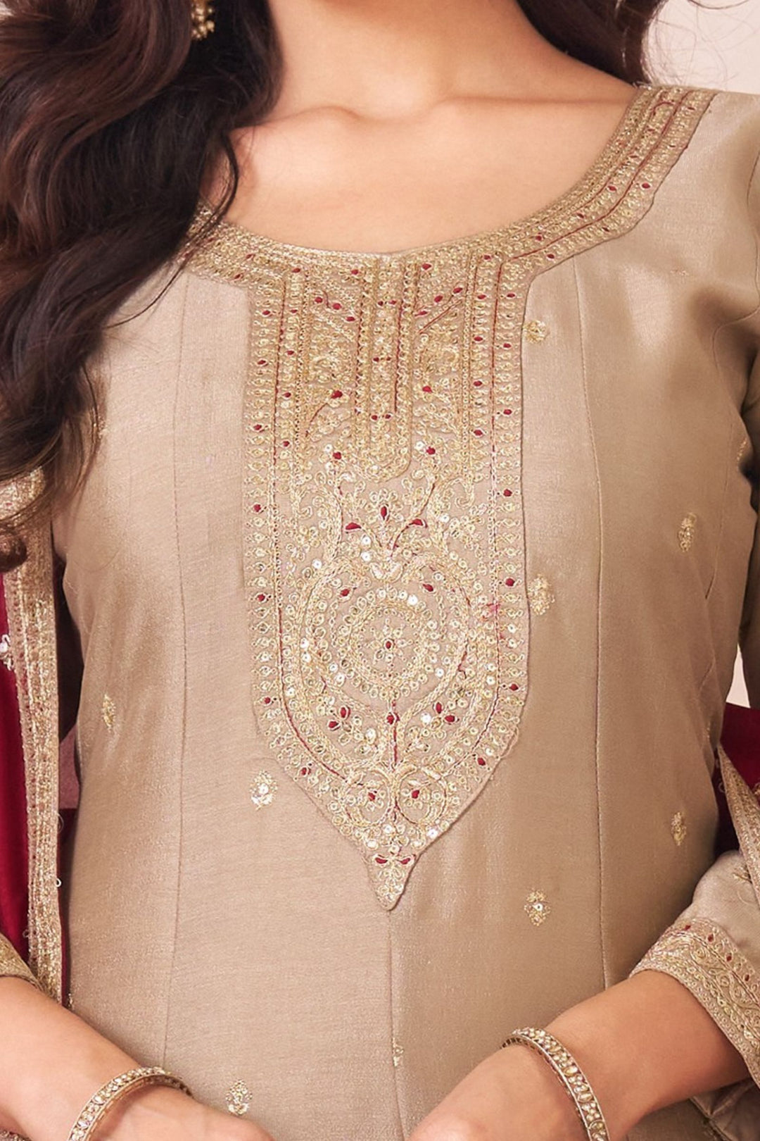 Beige Sequins and Zari work Anarkali Style Salwar