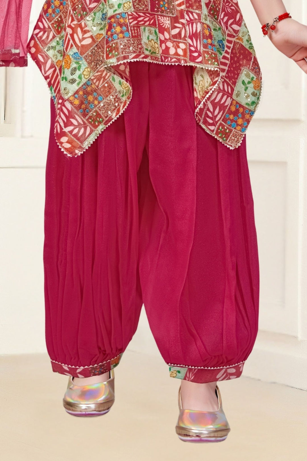 Rani Pink Sequins, Mirror and Stone work with Multicolor Digital Print Joggers Set for Girls