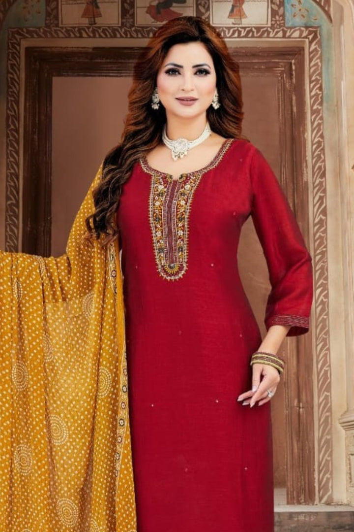 Maroon Mirror, Zari and Thread work Straight Cut Salwar Suit