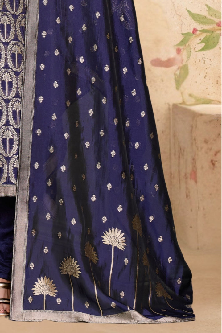 Navy Blue Mirror, Banaras, Stone and Zardozi work Straight Cut Salwar Suit