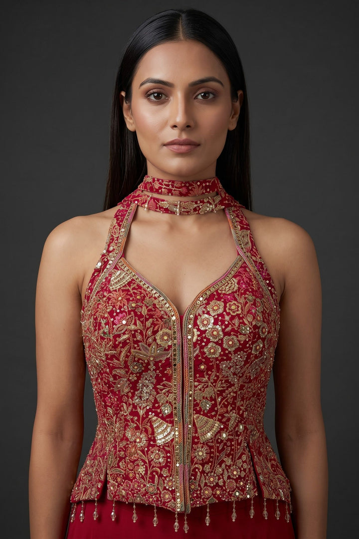 Red Mirror, Stone, Beads, Sequins, Thread and Zari work Palazzo Salwar Suit