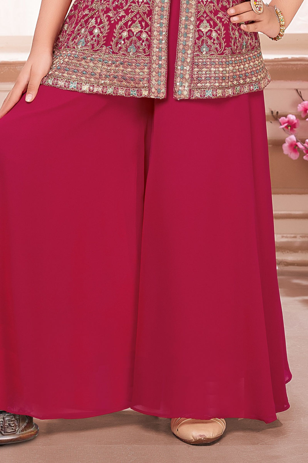 Rani Pink Sequins, Stone and Multicolor Thread work Palazzo Suit Set for Girls