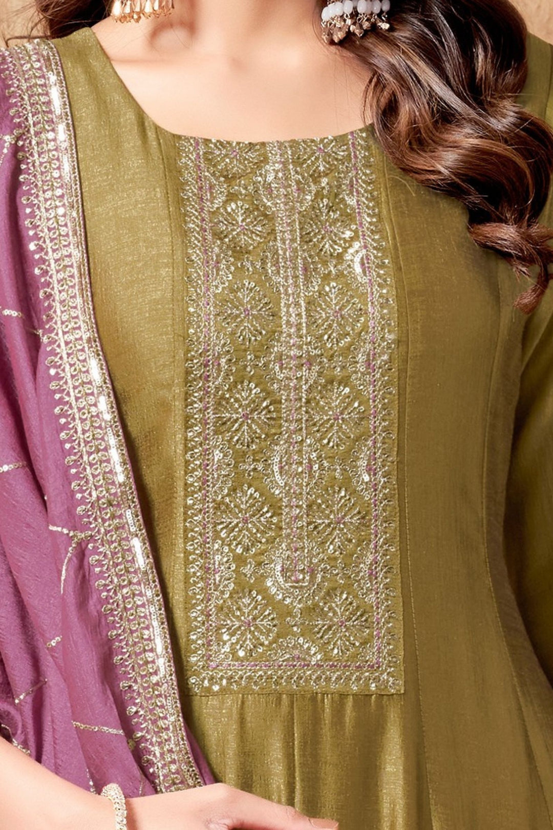 Mehendi Green Sequins, Beads and Zari work Anarkali Style Salwar