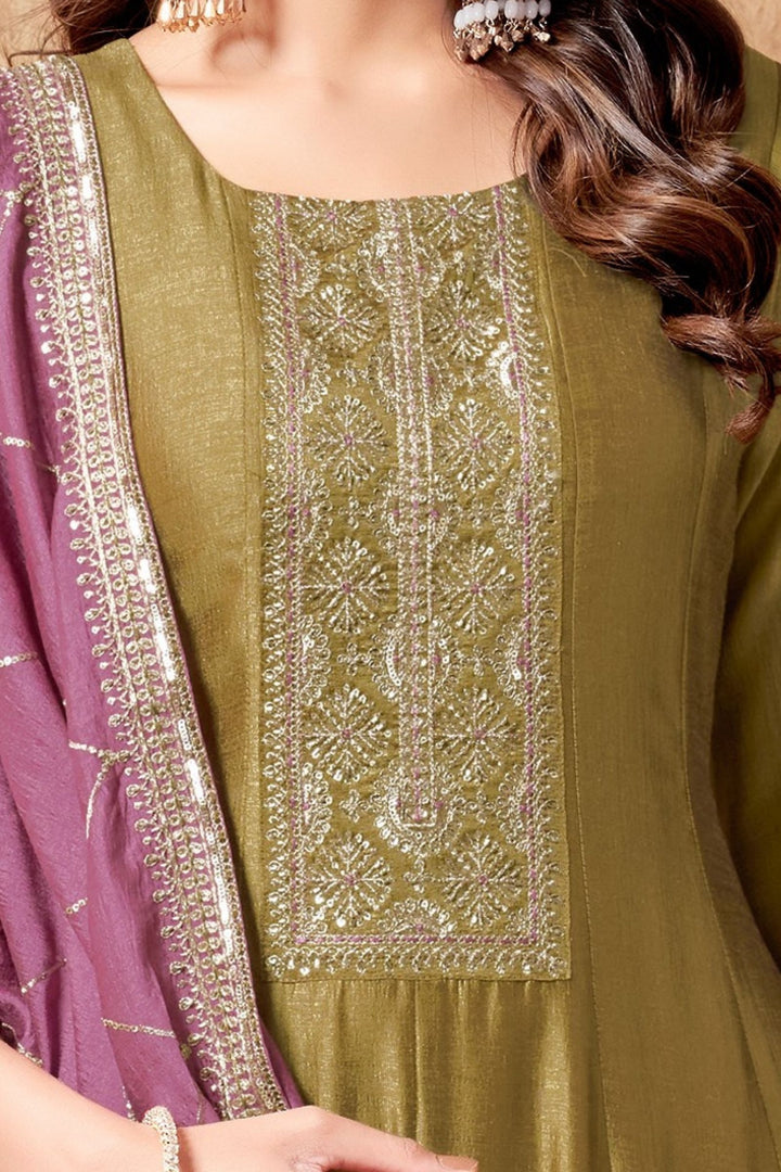 Mehendi Green Sequins, Beads and Zari work Anarkali Style Salwar