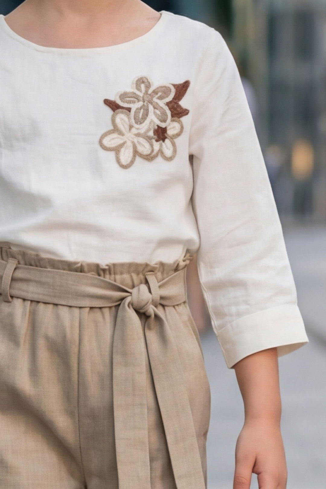 Cream with Fawn Top and Palazzo Set for Girls with Belt