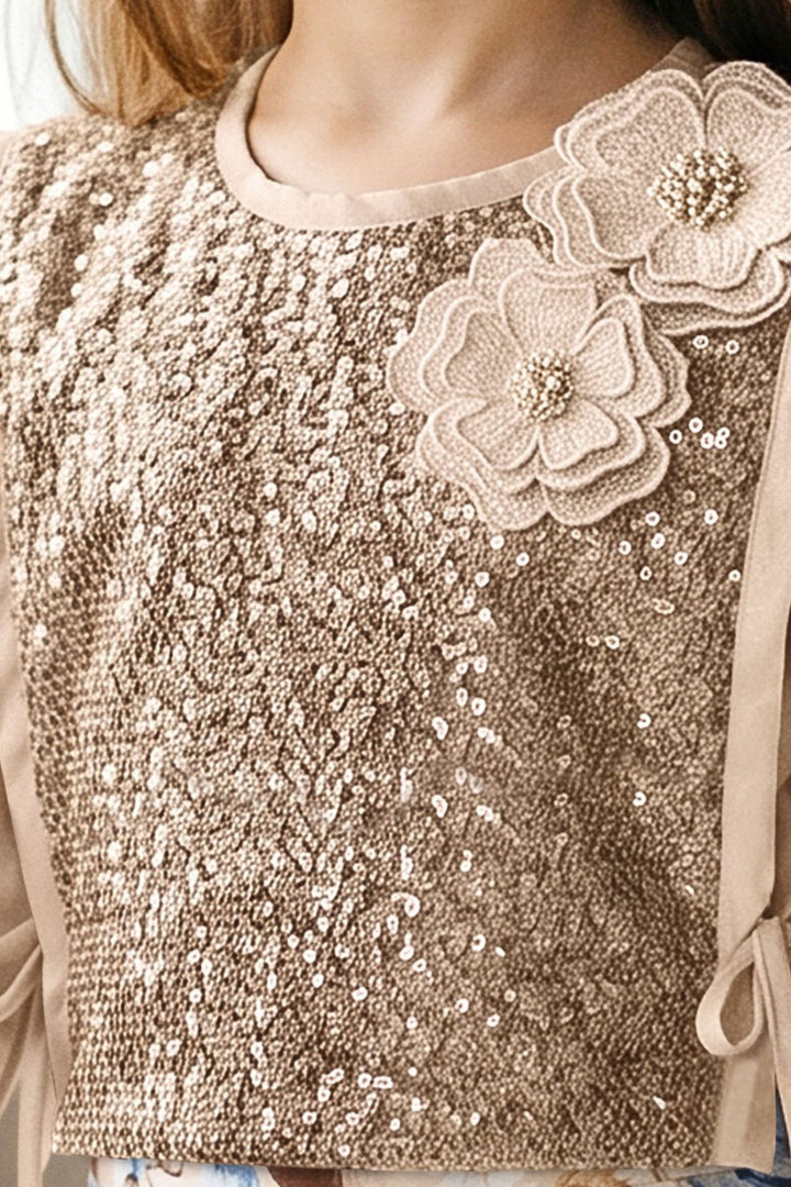 Girls Sequins Embellished Knot-Tie Jacket with Floral Palazzo Pant Set