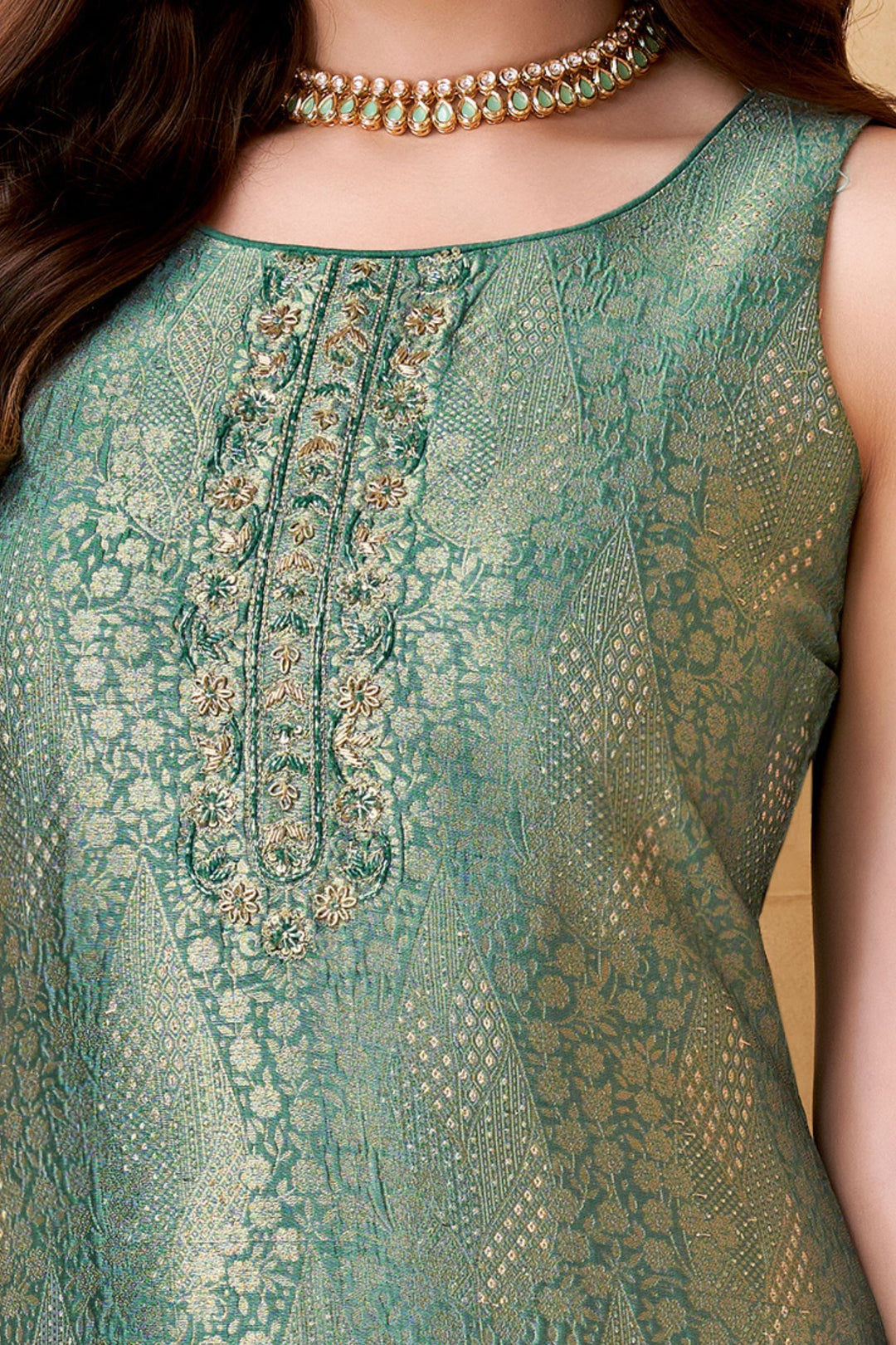 Sea Green Brocade, Zardozi, Beads and Sequins work Straight Cut Salwar Suit