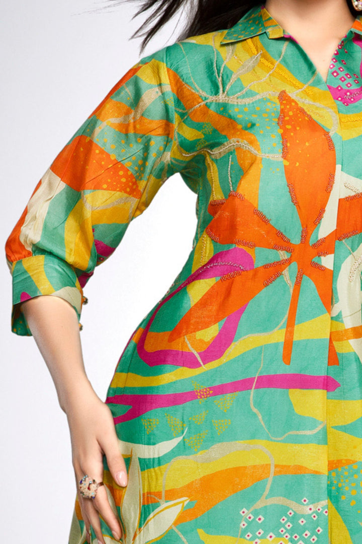 Sea Green with Multicolor Digital Print and Beads work Calf Length Kurti