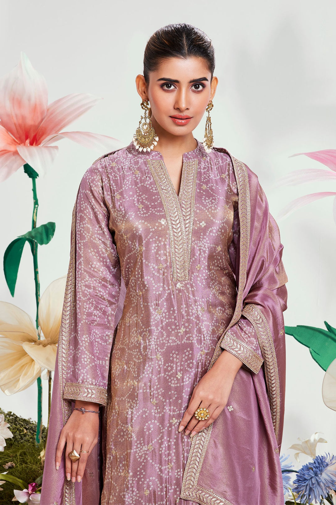 Lilac Sequins and Zari work with Bandini Print Straight Cut Salwar Suit