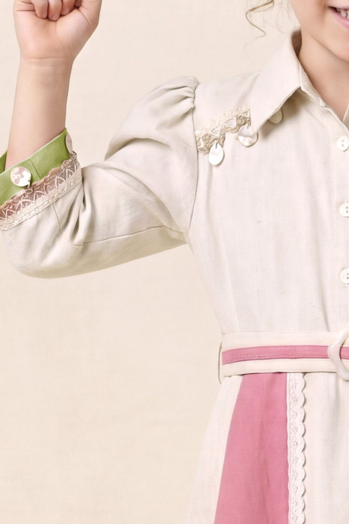 Cream with Green and Pink Colorblock Styled Short Frock For Girls