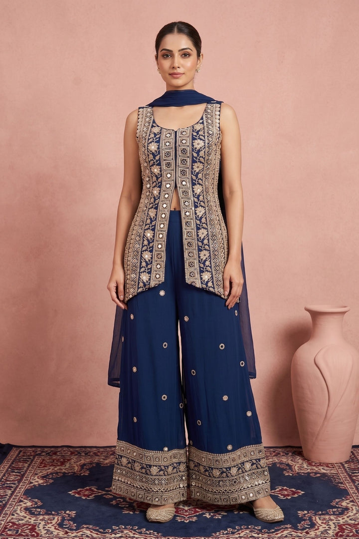 Teal Blue Mirror, Beads, Sequins and Zari work Palazzo Salwar Suit