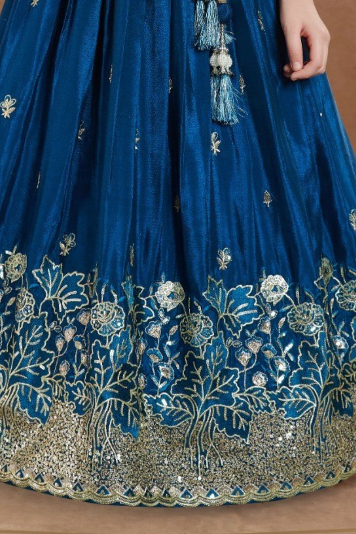 Teal Blue Sequins, Zari and Thread work Lehenga Choli for Girls