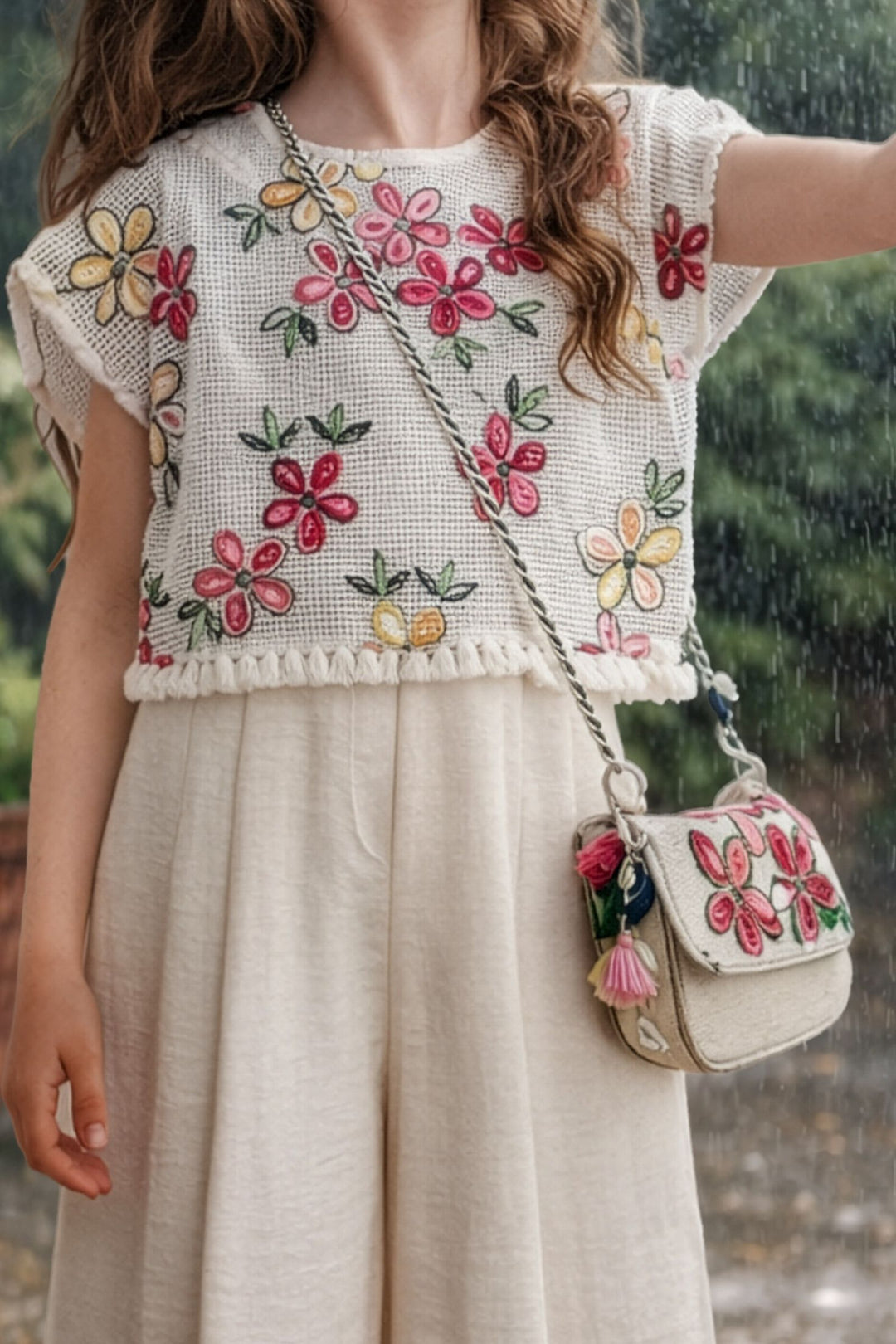 Cream Embroidery work Top and Palazzo Set for Girls