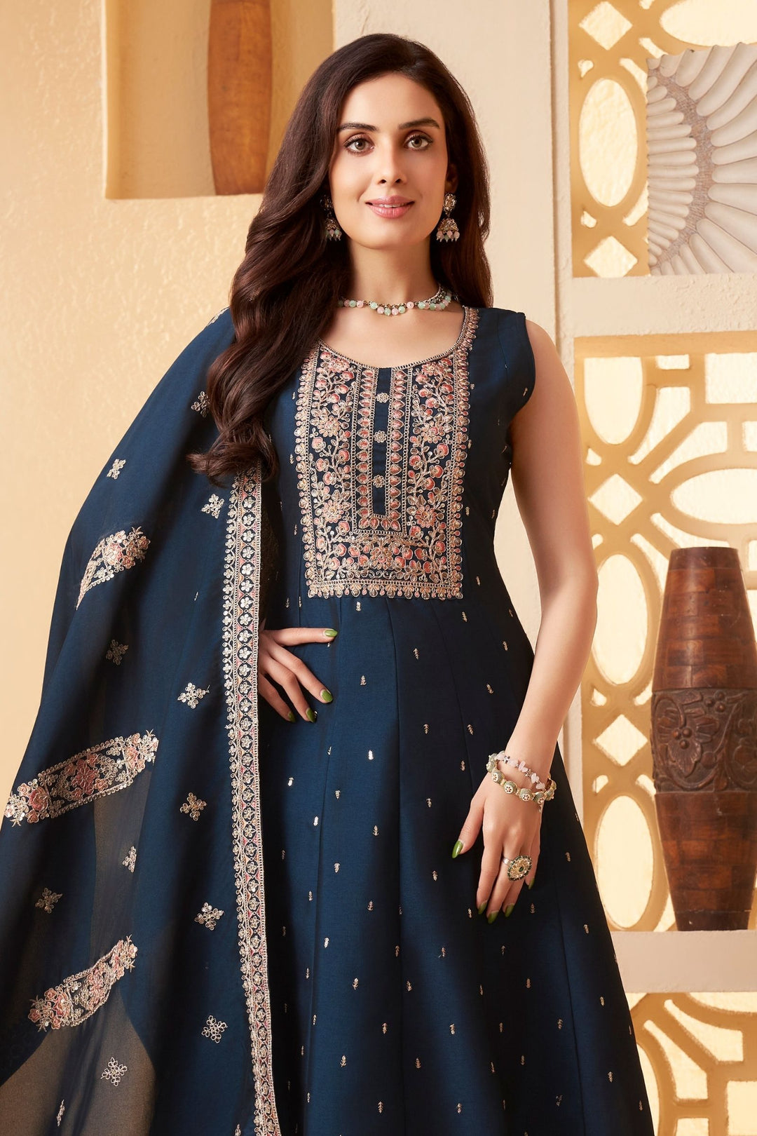 Peacock Blue Sequins, Zari and Multicolor Thread work Anarkali Style Salwar