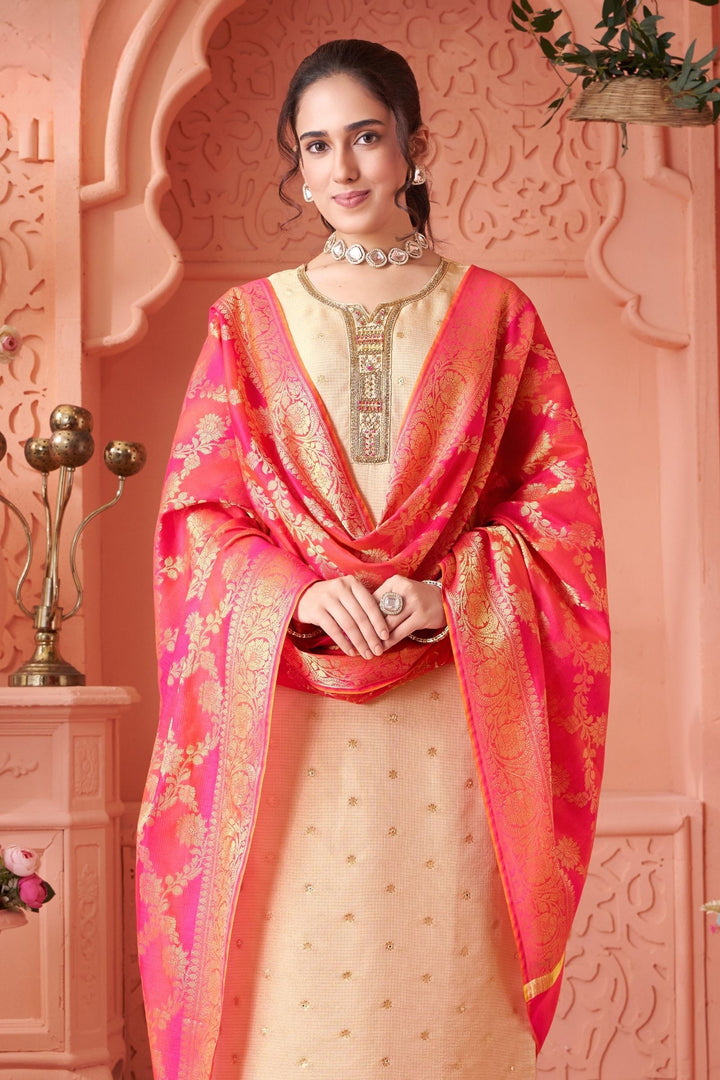 Beige Zardozi, Beads, Pearl, Thread and Mirror work Straight Cut Salwar Suit