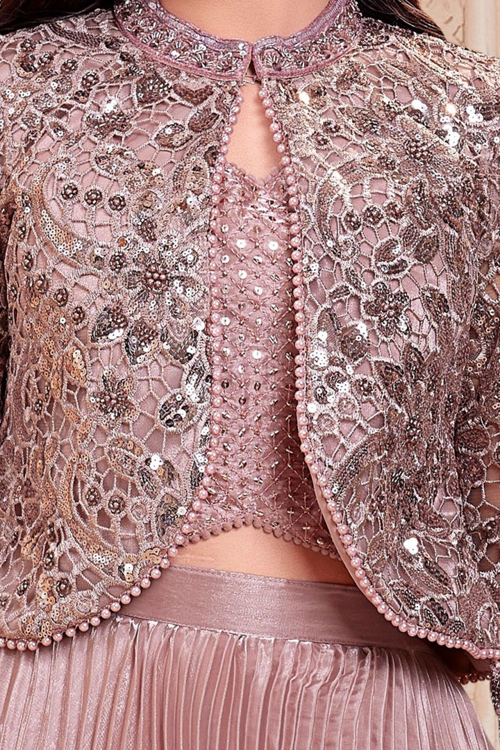 Onion Pink Sequins, Beads and Thread work Jacket Styled Lehenga Choli for Girls